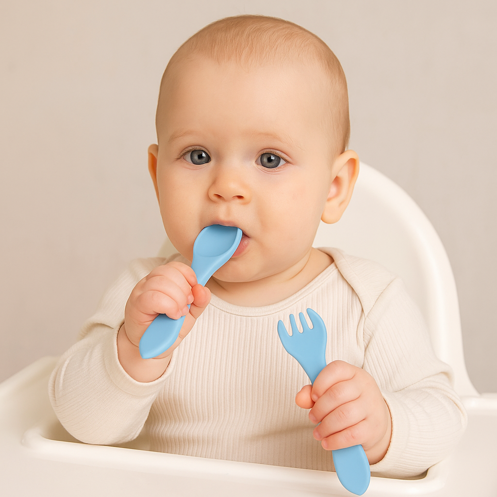 Cubiertos de Silicona para Bebé – Cuchara y Tenedor Antideslizantes